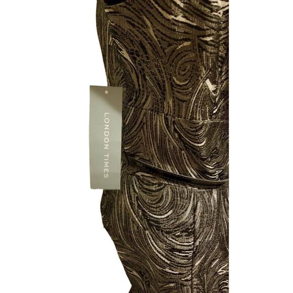 London Times Black Gray Swirled Metallic Cap Sleeve Belt Waist Dress NWT Size 10 - Picture 4 of 9